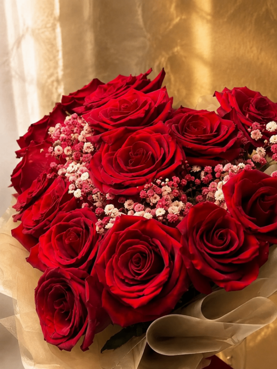 Rouge Rosée – Buchet cu trandafiri și gypsophila - imagine 2