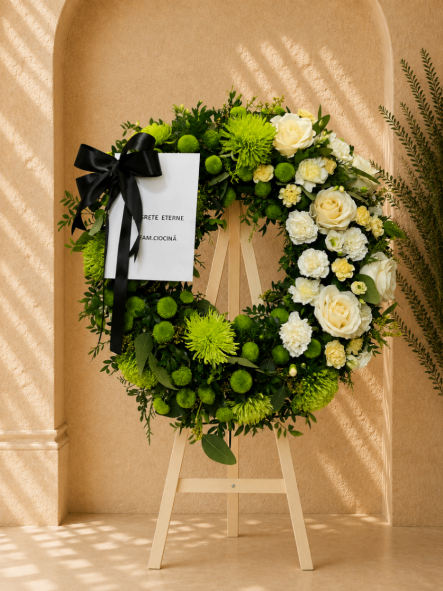 Omagiu Verde – Coroană funerară crem-verde