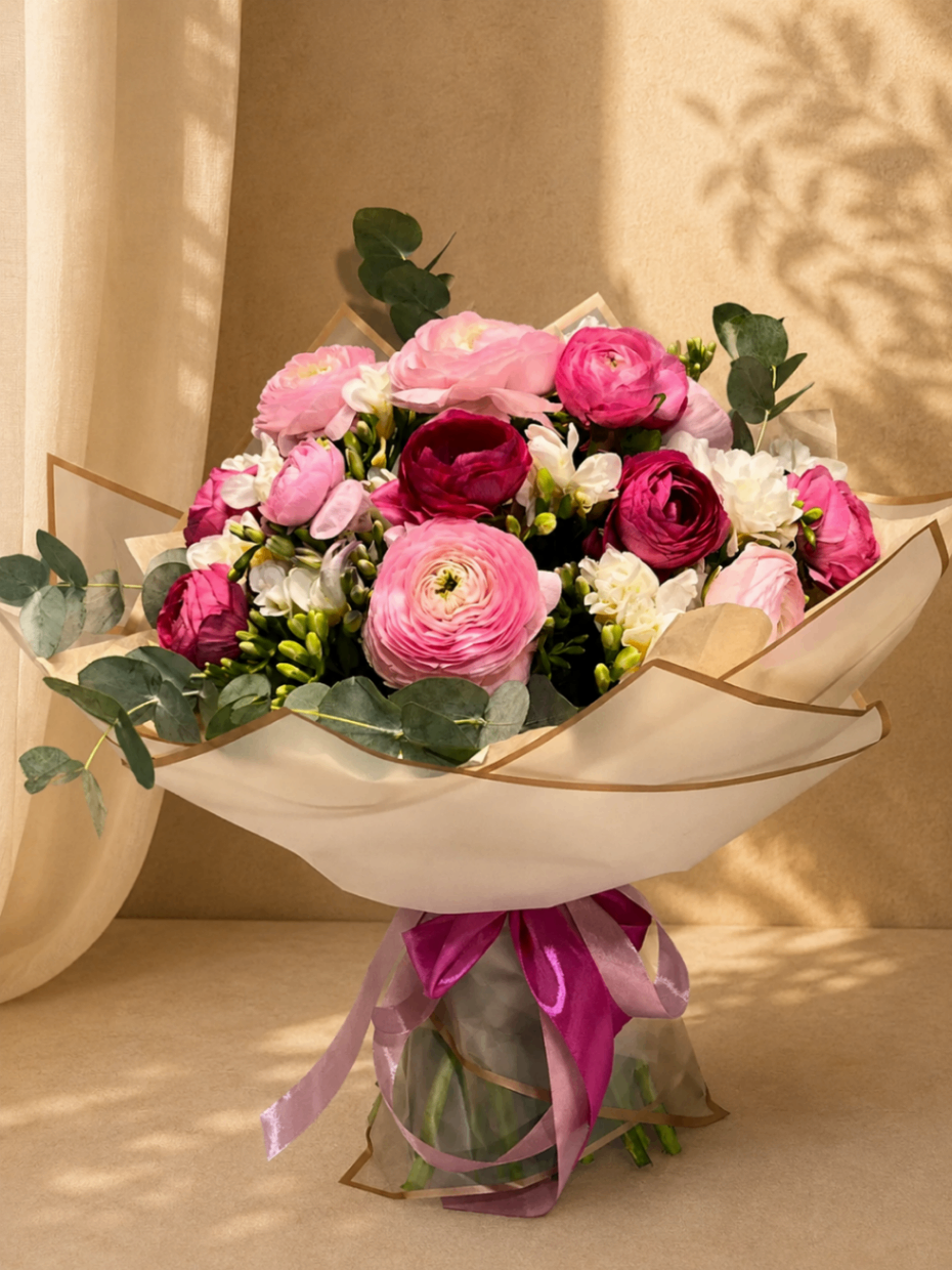 Ranunculus Berry – Buchet de sezon roz-bordo