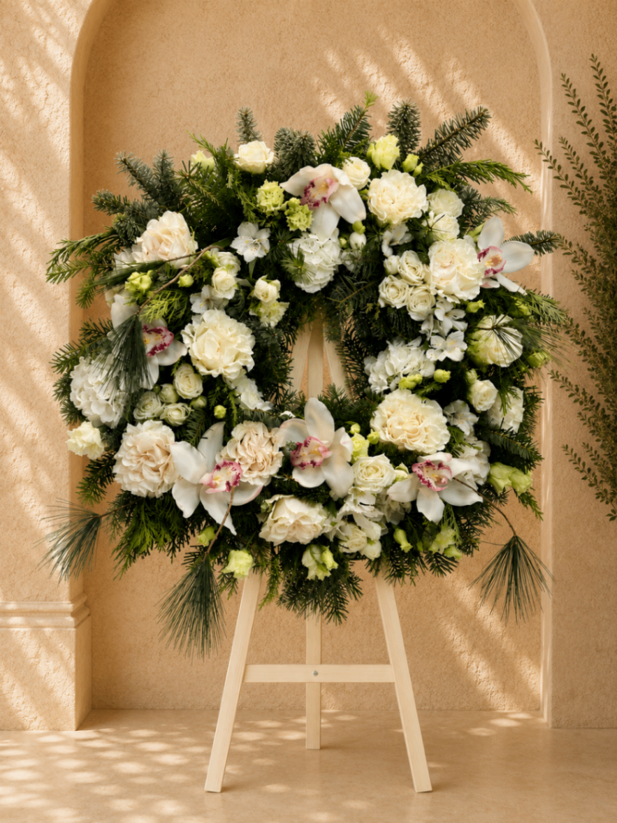 Alb Majestuos – Coroană funerară cu orhidee