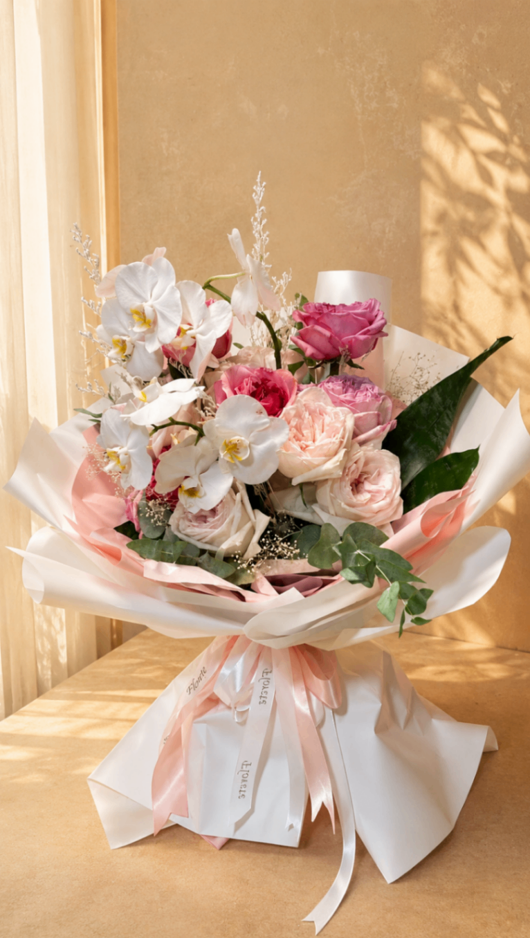 Blanc Rosé – Buchet cu orhidee și trandafiri