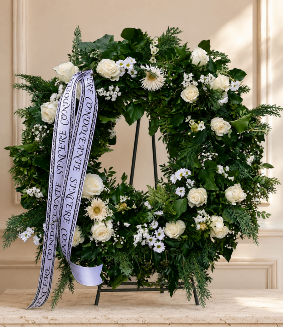 Condoleanțe Albe – Coroană funerară verde-alb - imagine 2