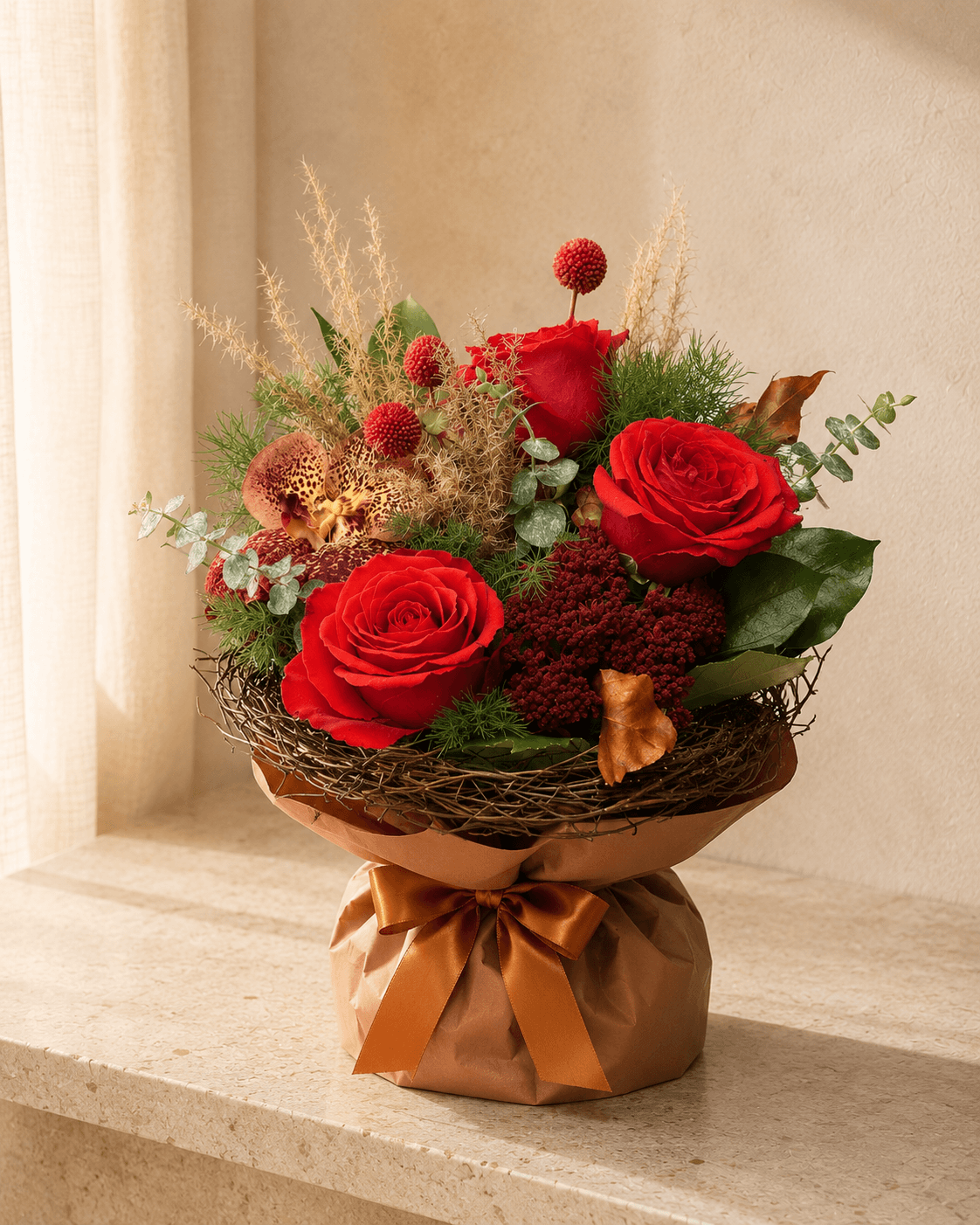 Terra Rubra – Buchet cu trandafiri și orhidee