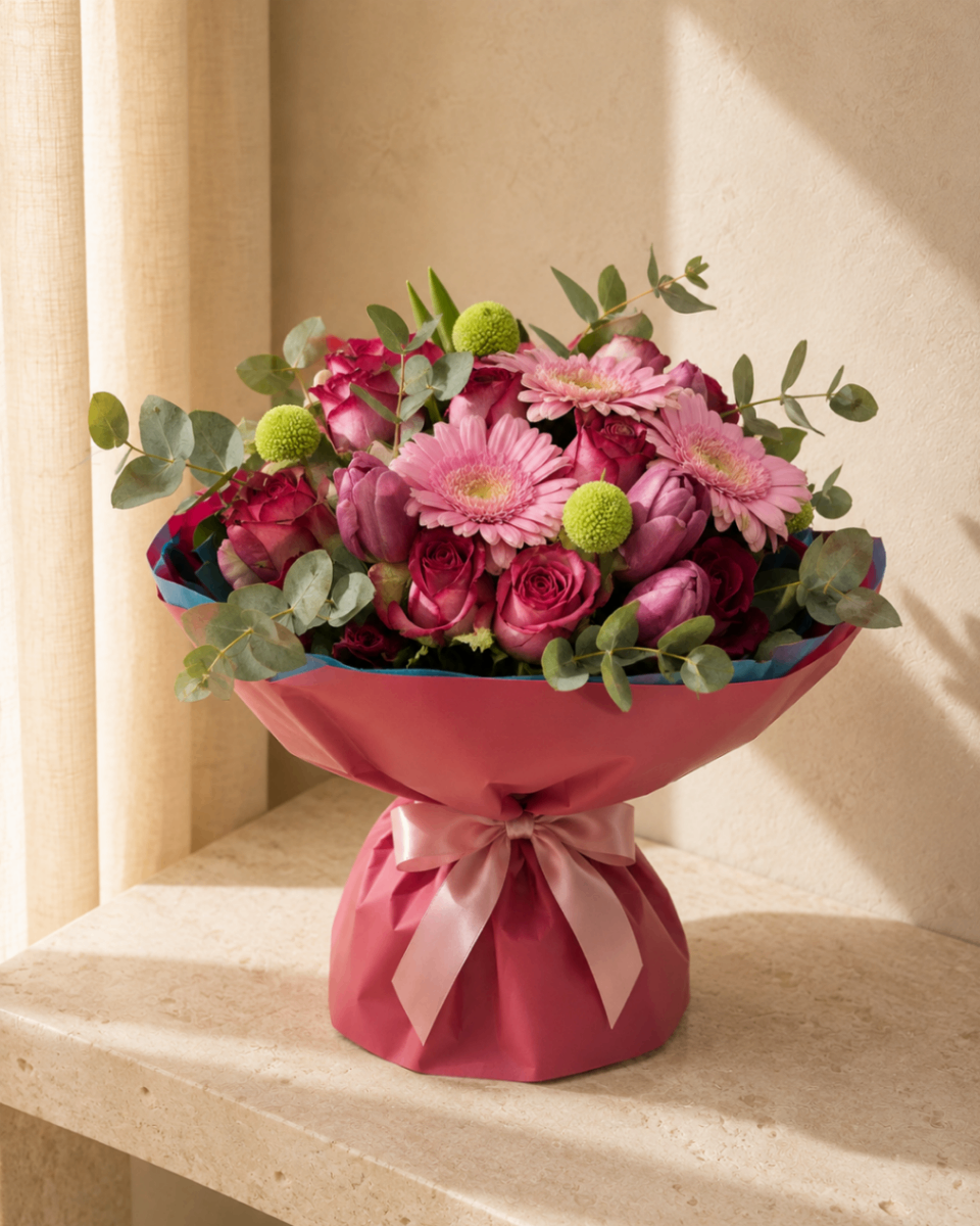 Fuchsia Pop – Buchet cu trandafiri și gerbera