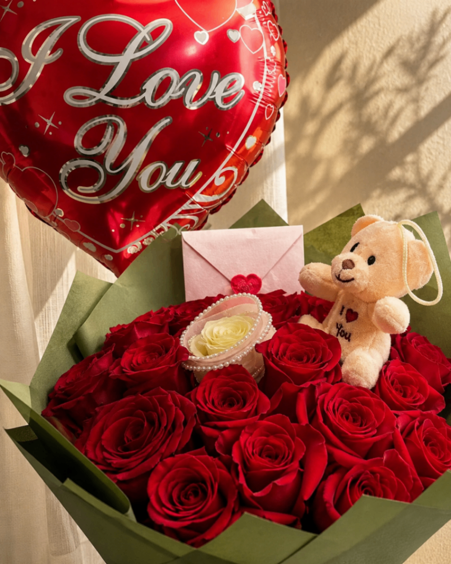 Promesse Rouge – Buchet cu trandafiri și balon - imagine 2