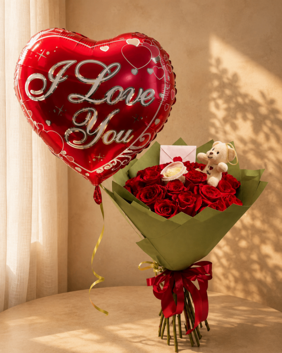 Promesse Rouge – Buchet cu trandafiri și balon