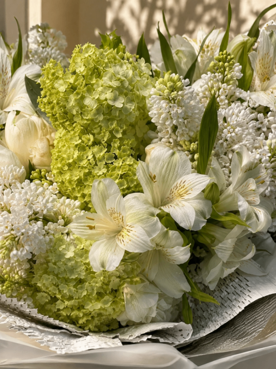 Ivory Meadow – Buchet alb-verde cu hortensie - imagine 2