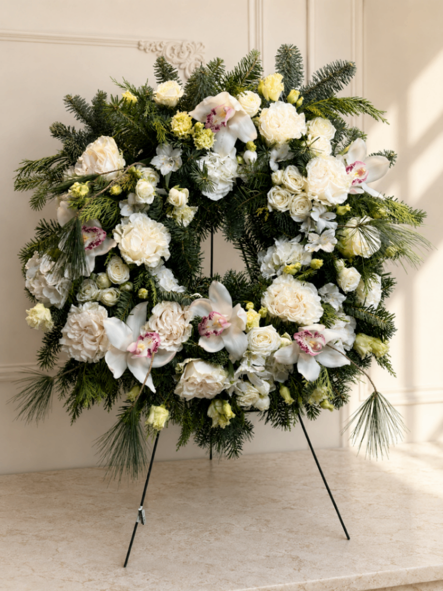 Alb Majestuos – Coroană funerară cu orhidee - imagine 2